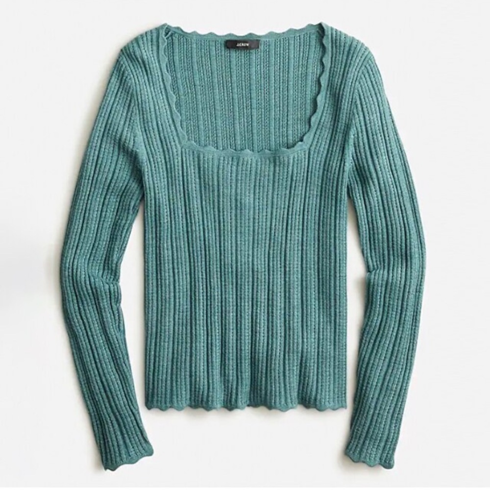 J. Crew Scalloped- Edge Pointelle Green Wool Sweater - Picture 2 of 10